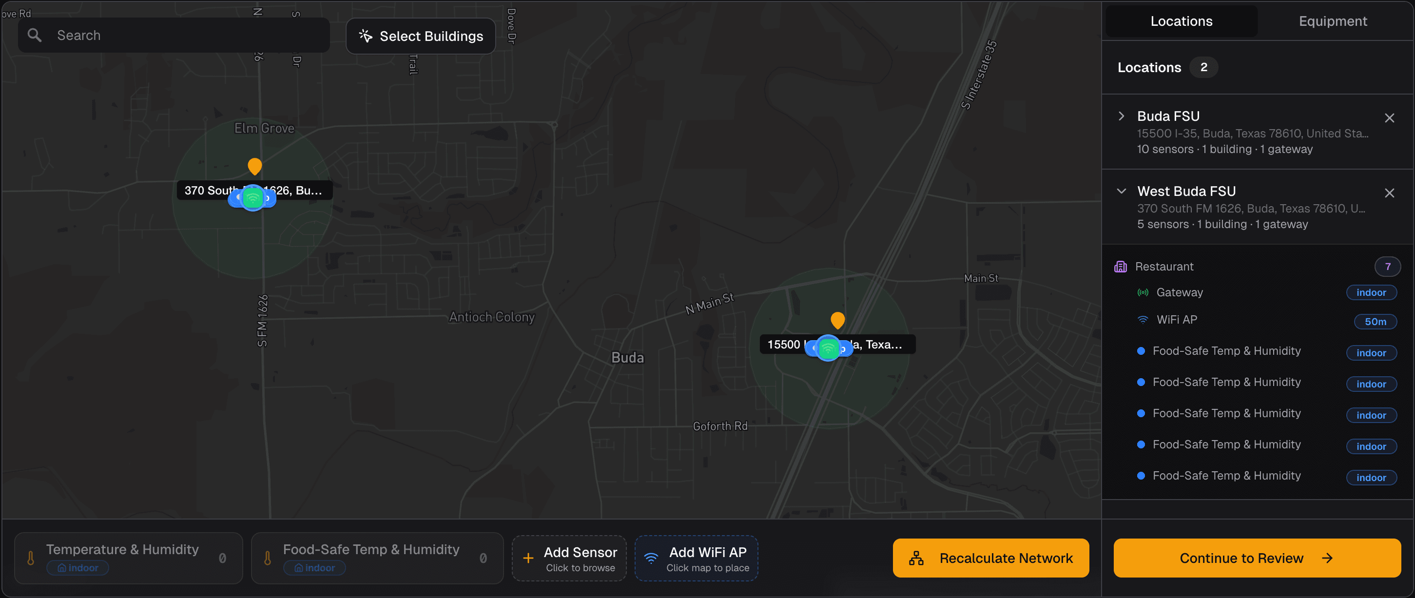 Network designer showing sensor placement across restaurant locations
